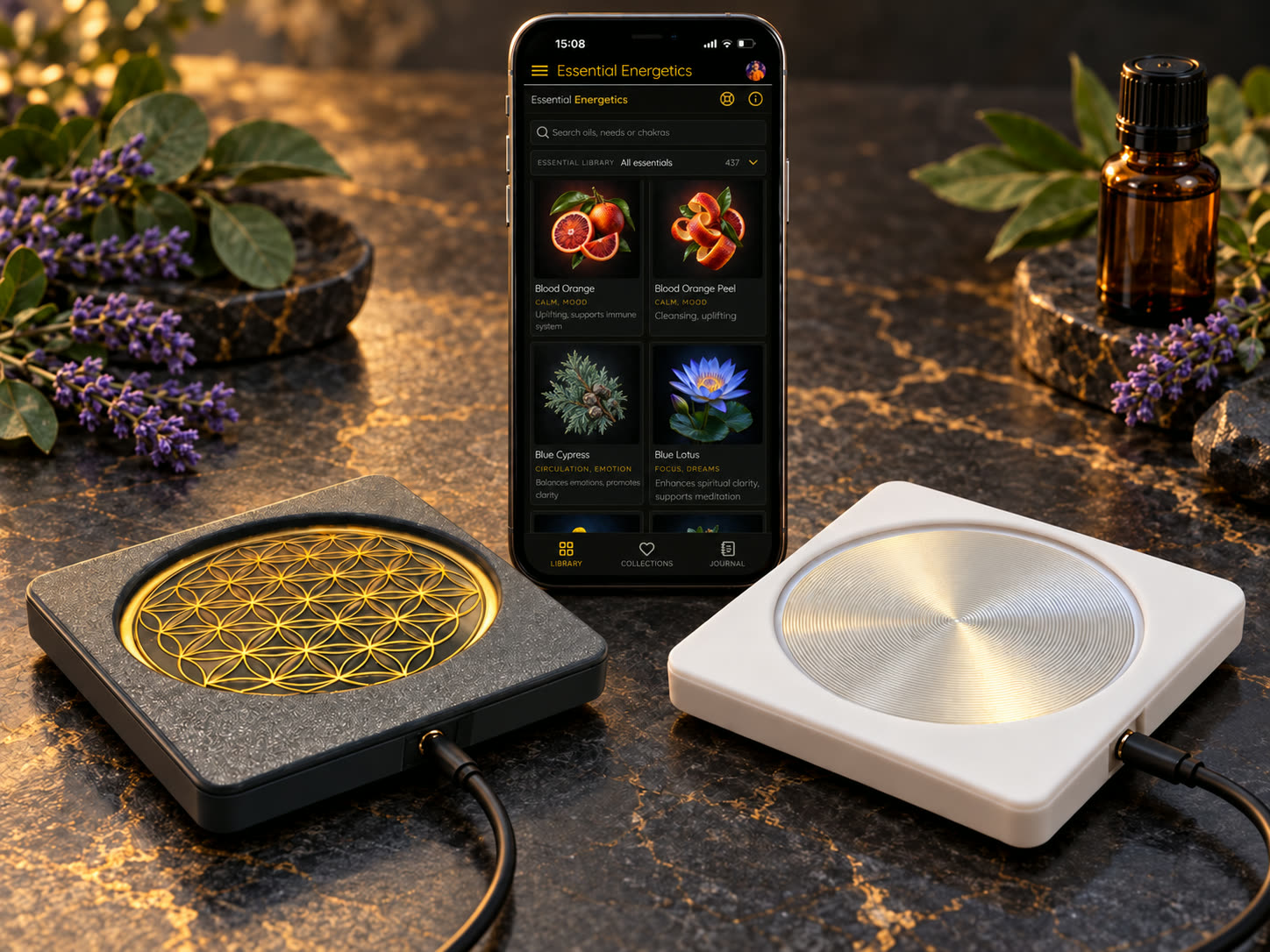 iPhone running Essential Energetics beside two iMprinter pads on a dark stone table with lavender