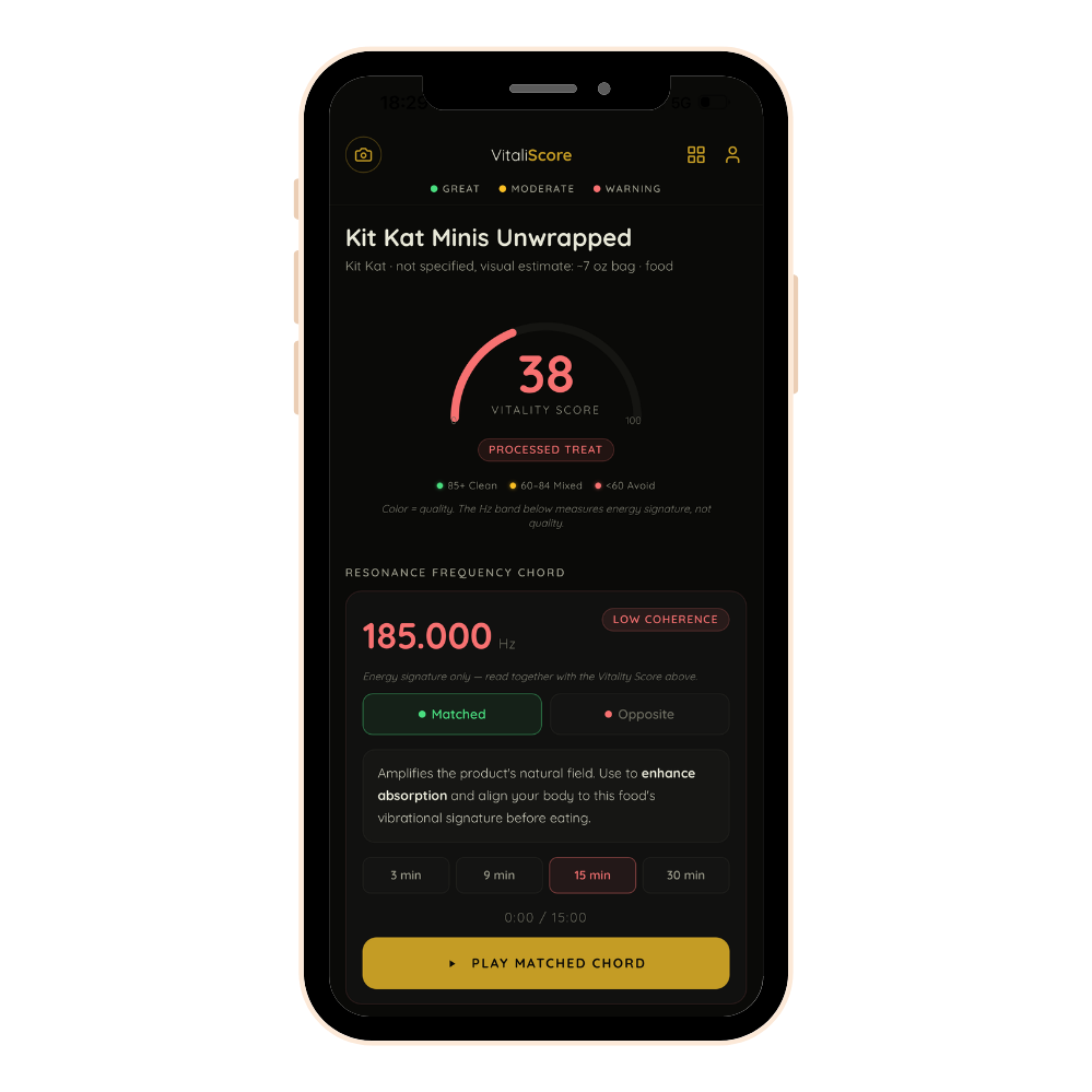 VitaliScore app scanning a Kit Kat Minis package and displaying a vitality score of 38 with its resonance frequency chord